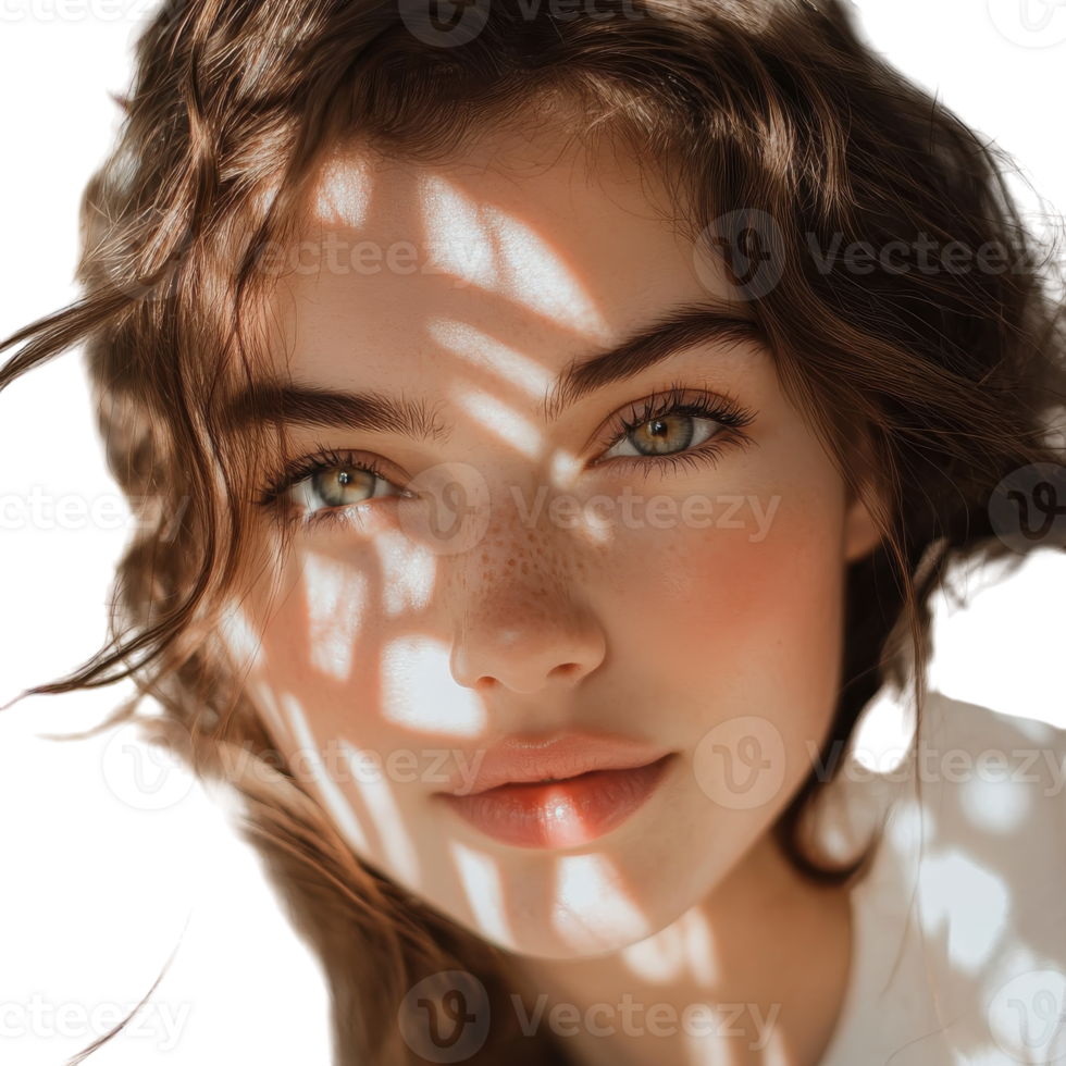 Young woman with captivating eyes poses against sunlight creating shadow patterns on her face png