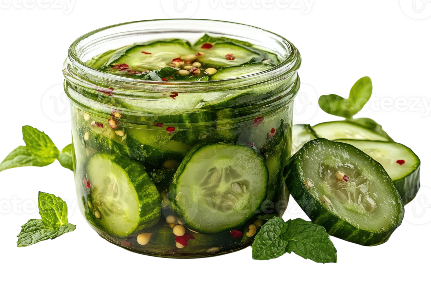 Fresh cucumber pickles preserved in a glass jar with mint and spices for a flavorful addition to meals png