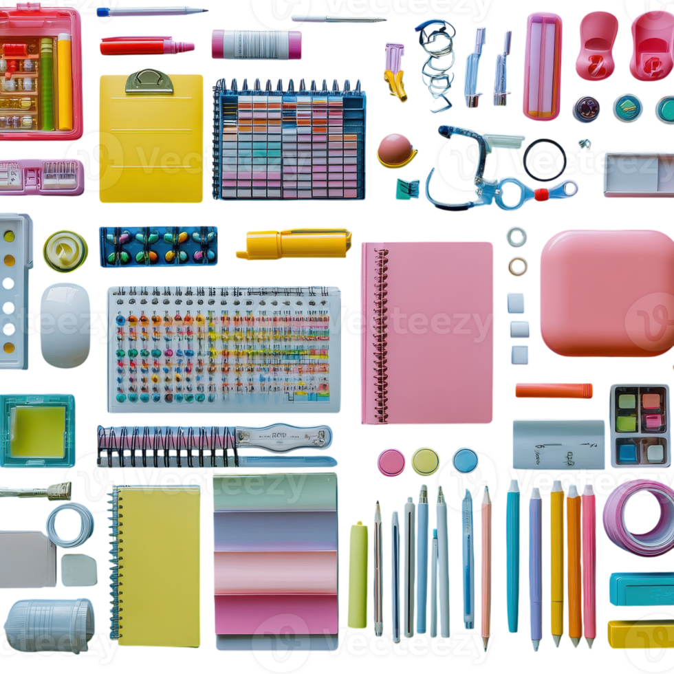 Colorful stationery assortment arranged neatly on a flat surface, showcasing various writing instruments and organizational tools png