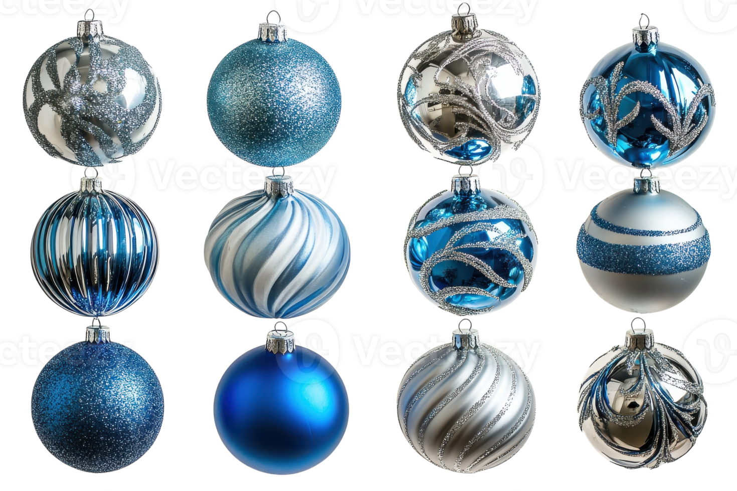Decorative blue and silver Christmas ornaments in various designs for festive holiday celebration png