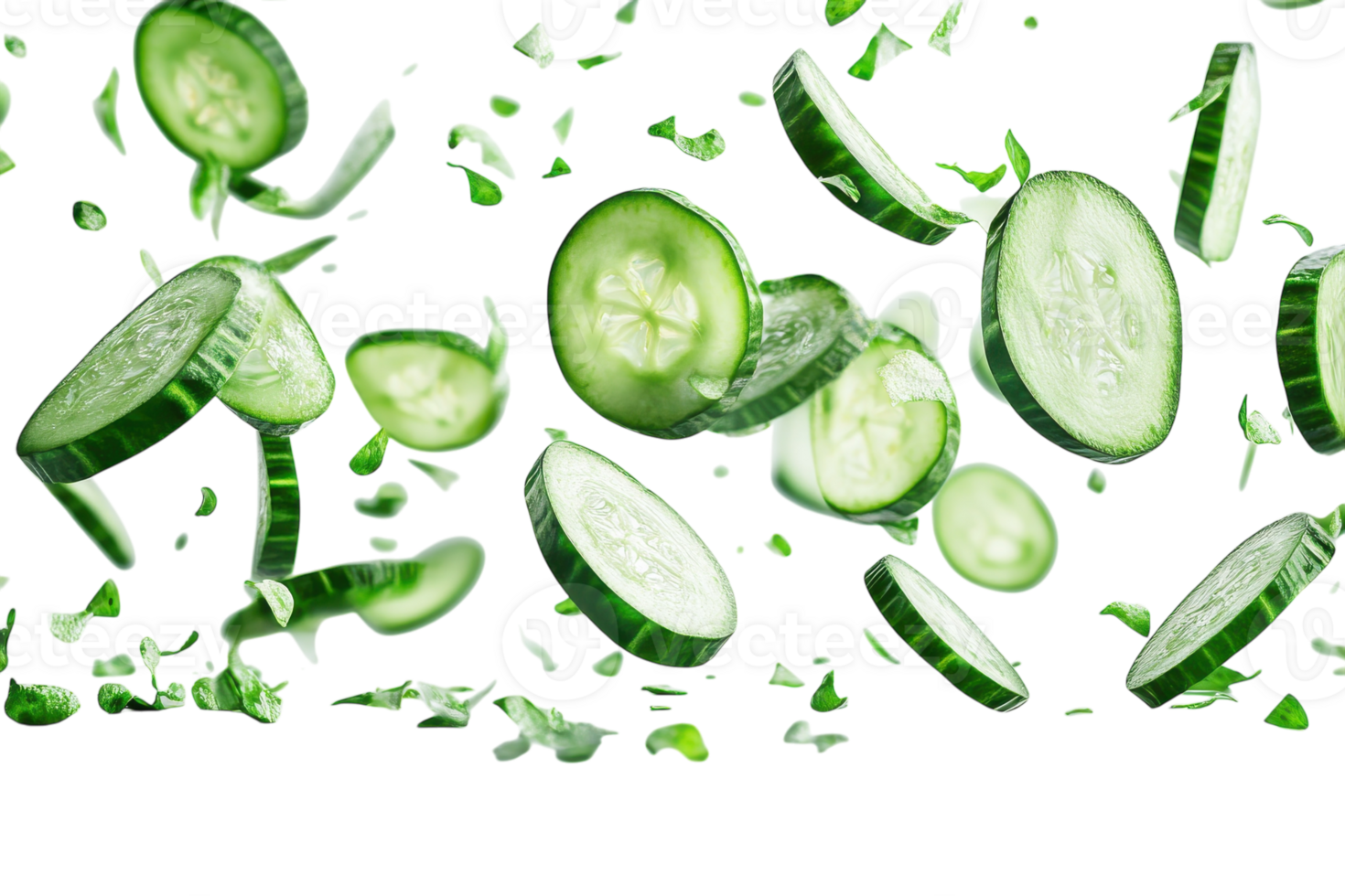 Fresh cucumber slices and leaves floating in the air create a vibrant display of healthy ingredients for cooking png