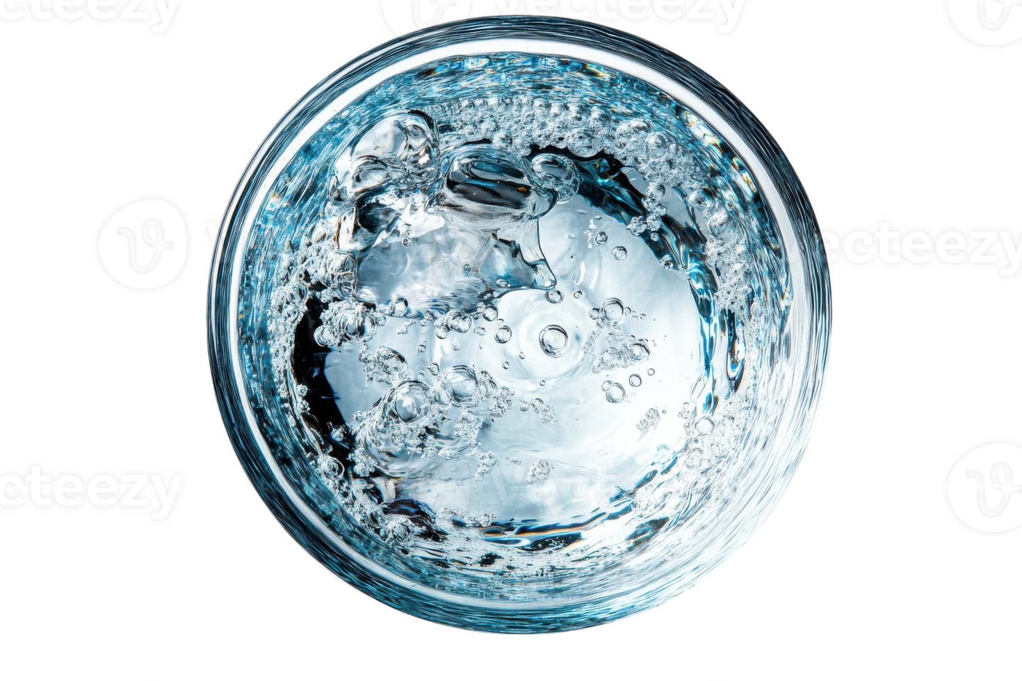 Clear water swirls inside a glass creating bubbles and reflections in bright light png