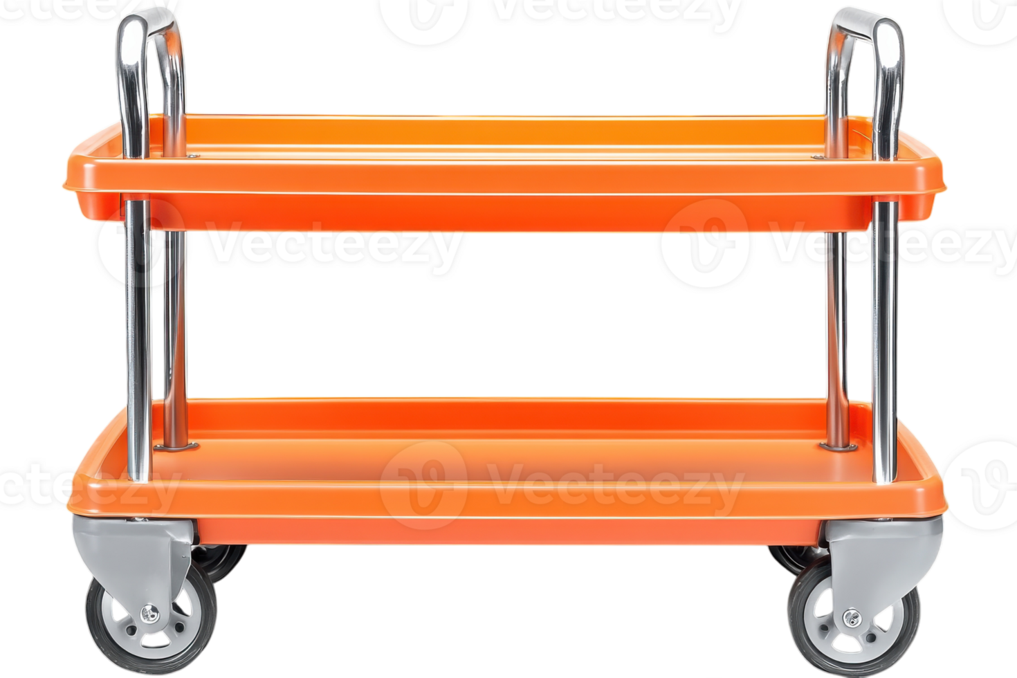 Modern orange utility cart with double tiers and wheels for easy movement in various settings png