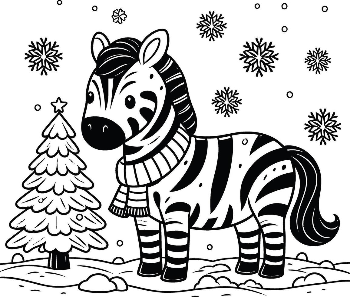 A zebra in a scarf and hat standing in front of a christmas tree vector