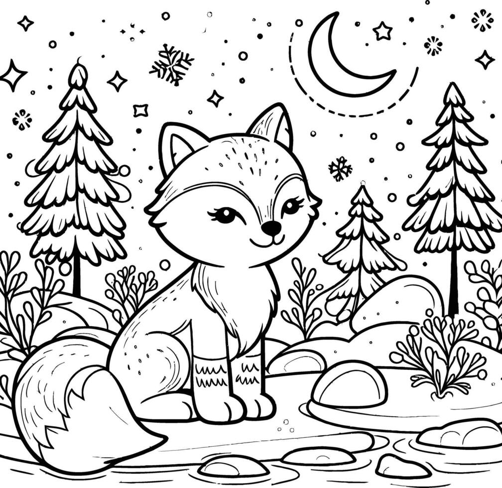 A fox coloring page with a tree and a moon vector