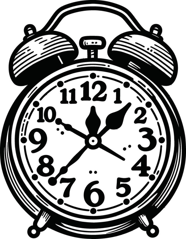 An alarm clock is shown in black and white vector