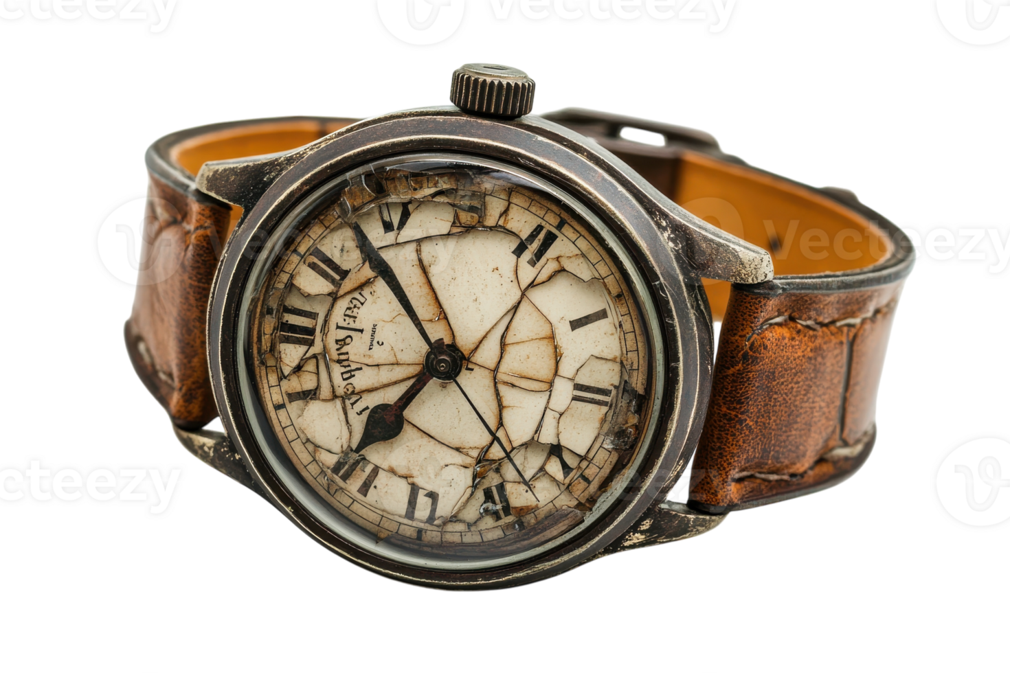 Vintage wristwatch with cracked face and leather strap displayed on white background png