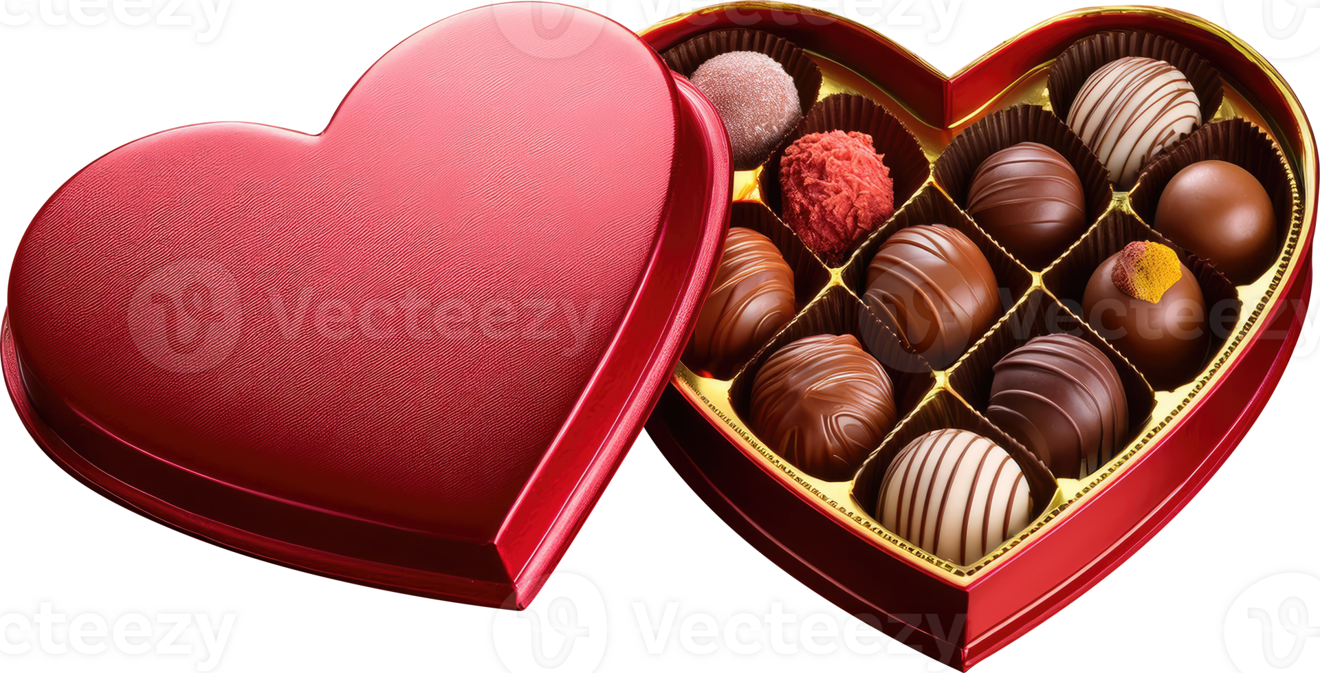 A red heart-shaped chocolate box set with assorted truffles png