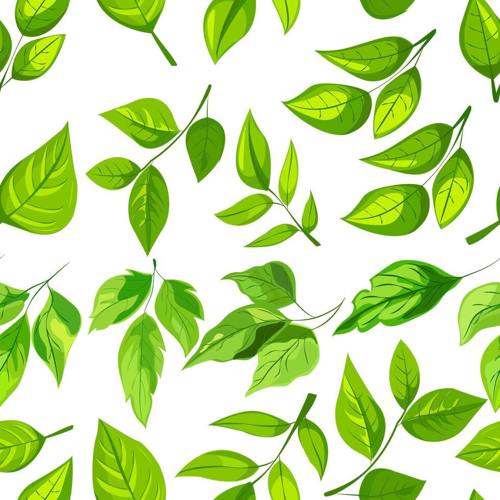 seamless pattern features various shades and shapes of green leaves against a white background. Perfect for nature-themed designs, eco-friendly packaging, and botanical illustrations vector
