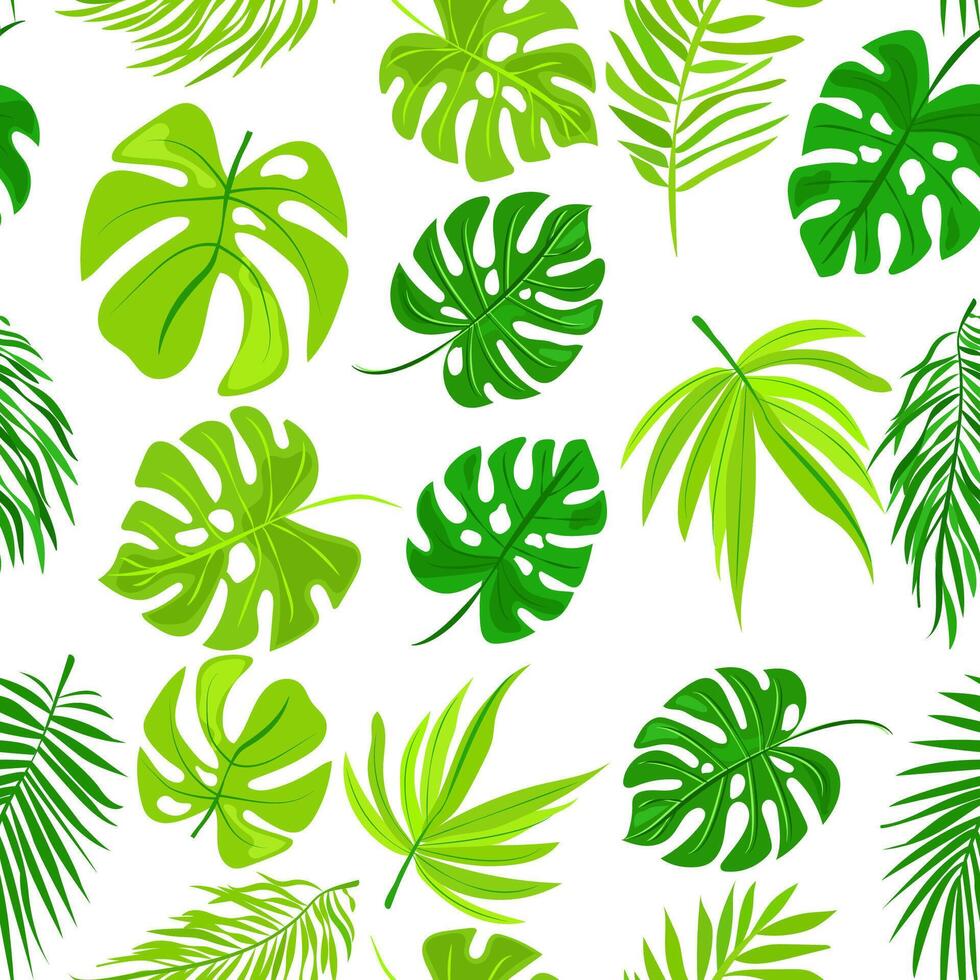 seamless pattern of vibrant green leaves on a white background. Various leaf shapes and sizes create a fresh, natural, and tropical appearance, perfect for eco-friendly or botanical projects vector