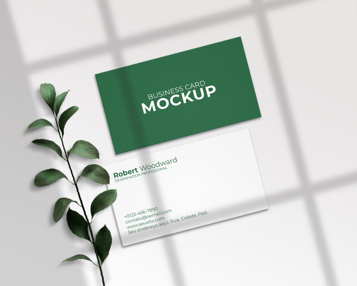 Green business card with leaves mockup psd