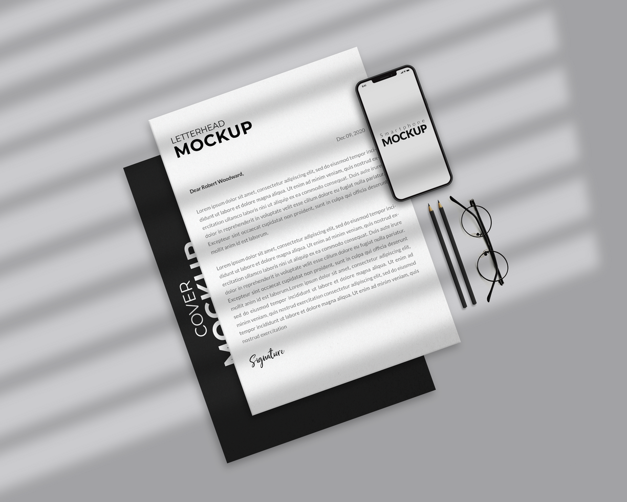 Black and white mockup of a letterhead and phone psd