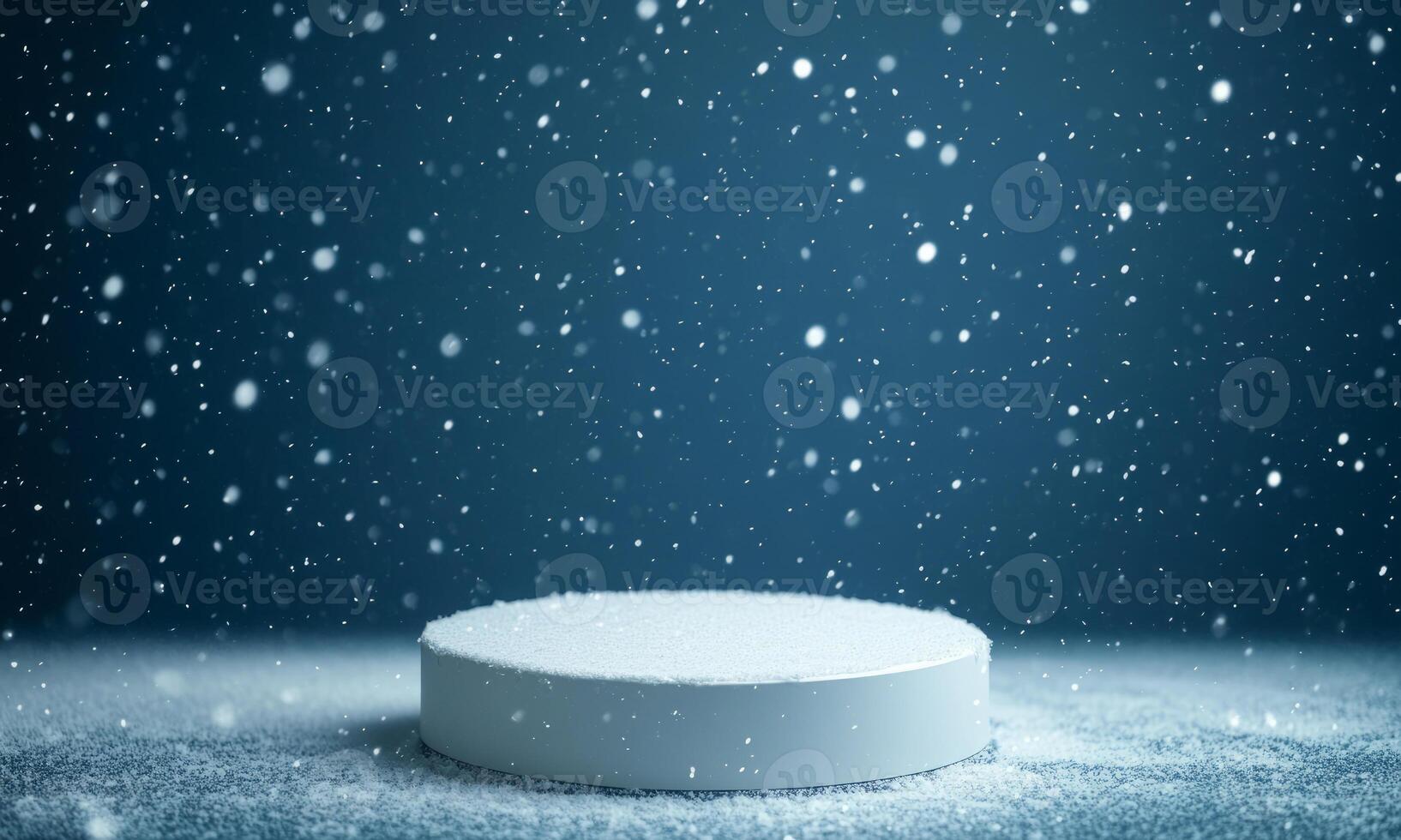 White round podium with snow falling around. Dark blue background with snowflakes and glitter. Festive minimalistic winter background. photo