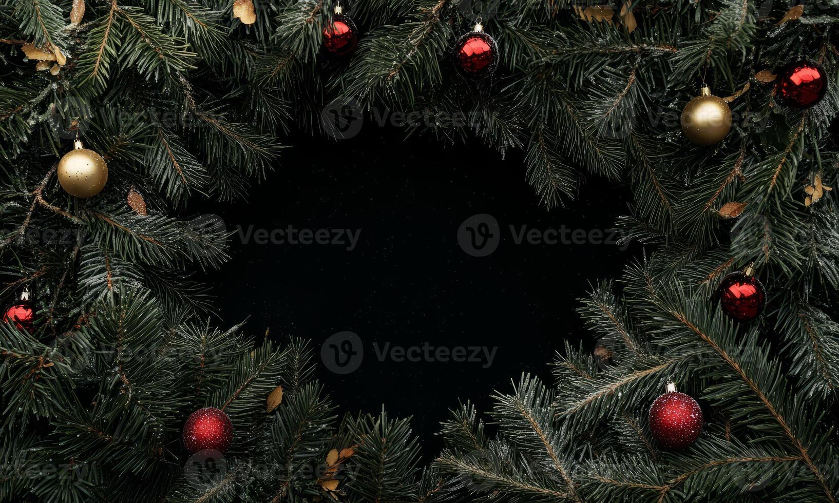 Dark winter festive background with evergreen fir branches, gold and red baubles. Christmas holiday frame. photo