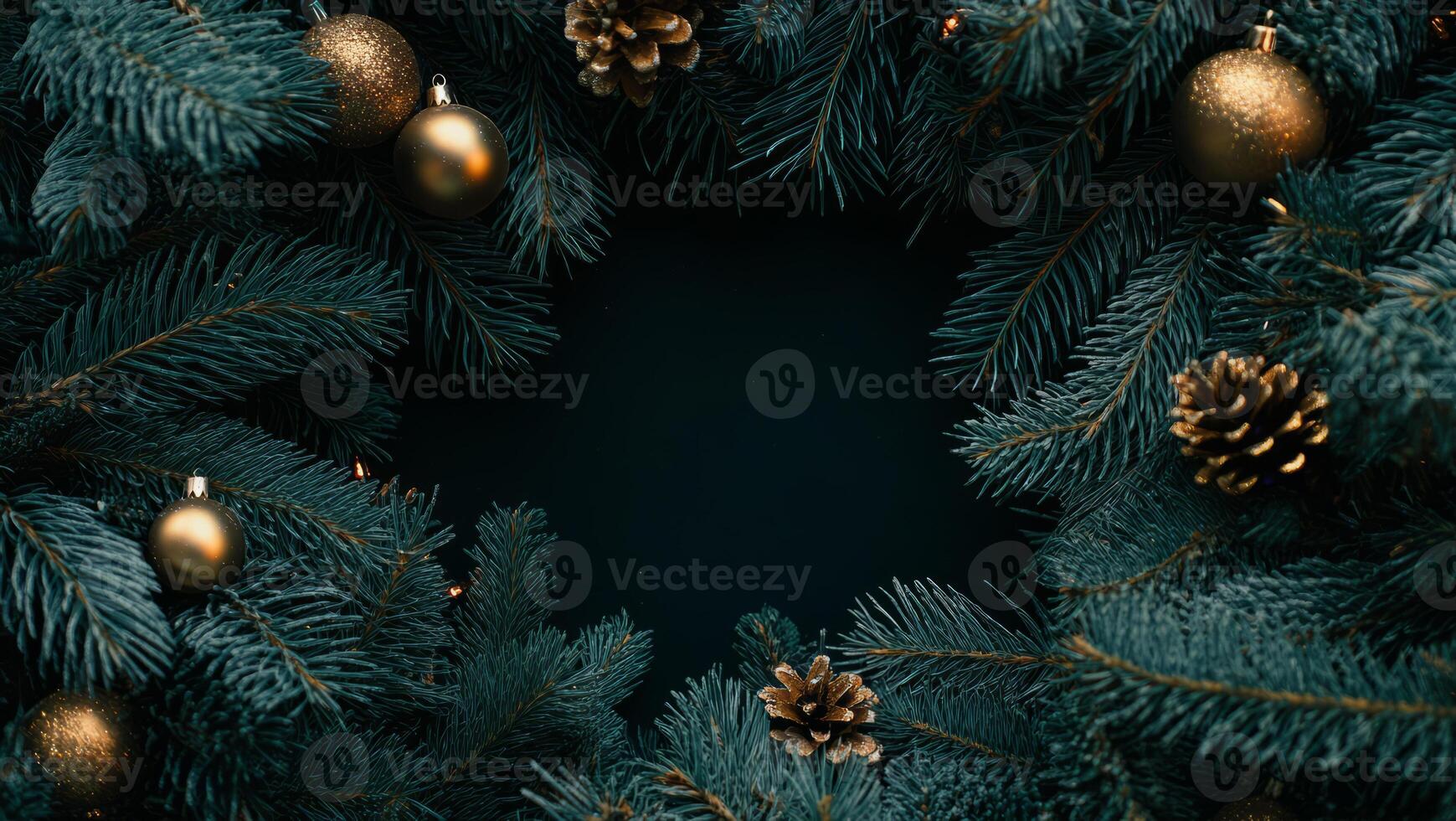 Dark winter festive background with fir branches, gold and brown baubles, cones. Christmas holiday frame. photo