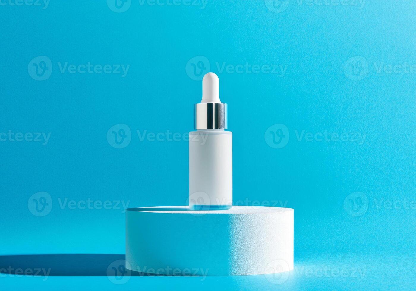 White cosmetic bottle on a bright blue background stands on the podium. Minimalistic photo style.