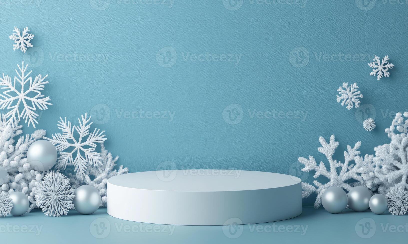 White round podium with white and silver baubles around. Pastel blue background with snowflakes and glitter. Festive minimalistic winter background. photo