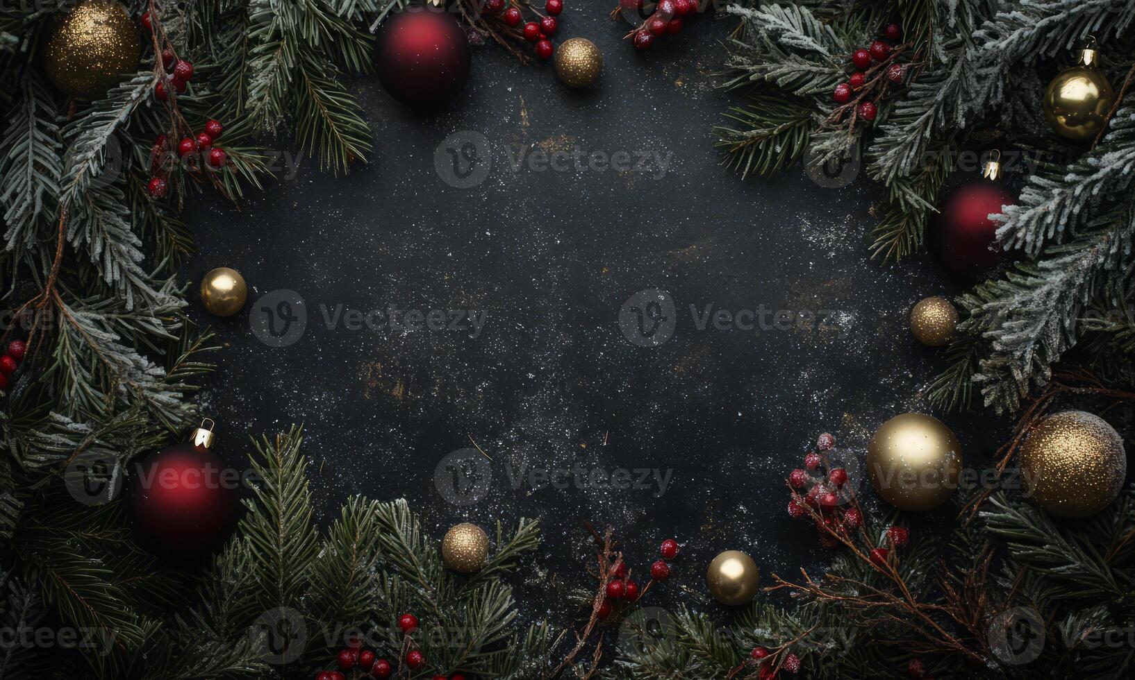 Dark winter festive background with frosted fir branches, red berries, gold and red baubles. Christmas holiday frame. photo