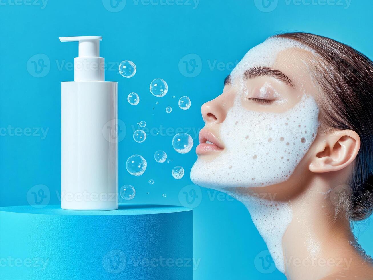 A white cosmetic pump bottle on a bright blue background stands on the podium. Beautiful female face washing with foam bubbles. Minimalistic photo style.