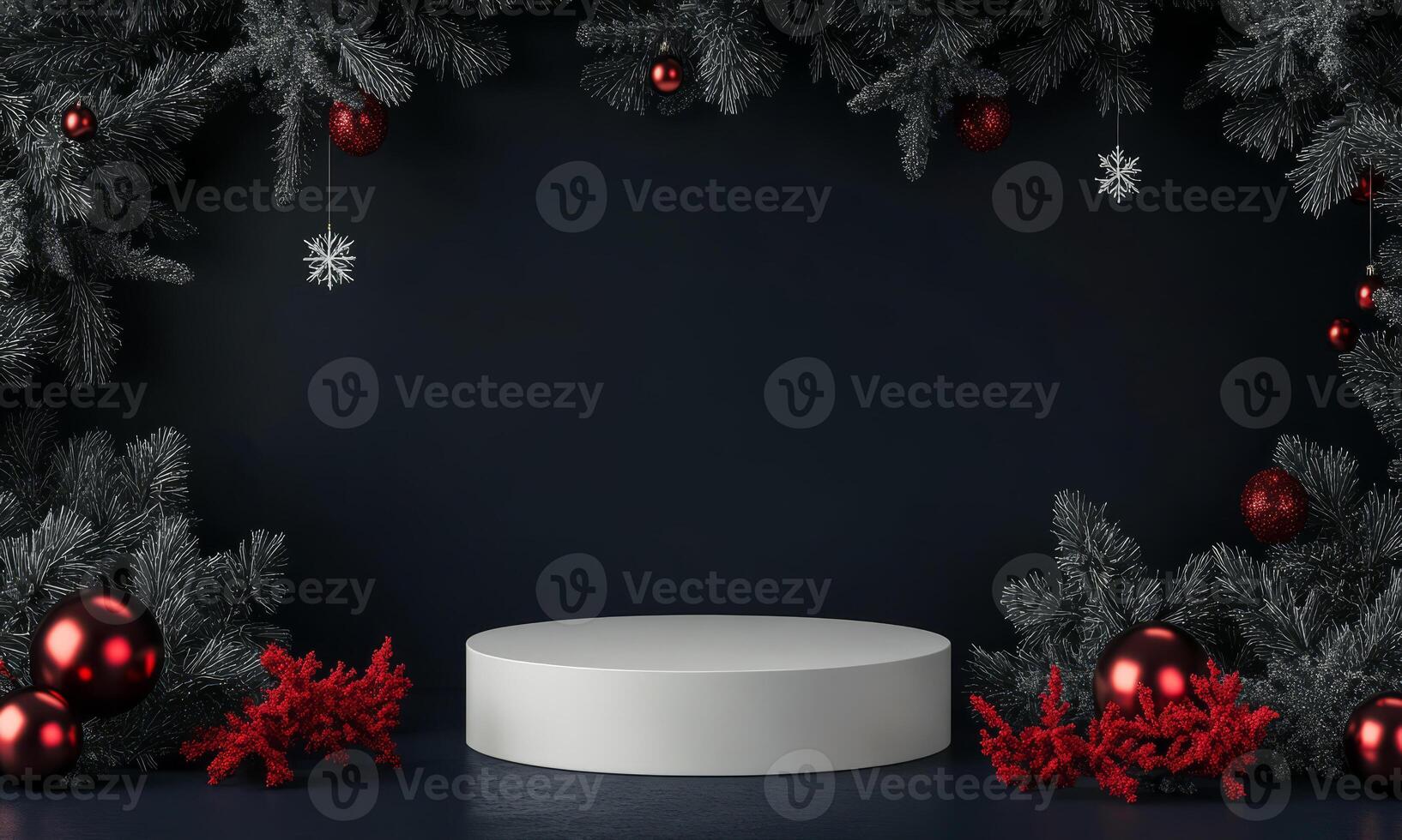 White round podium with red Christmas baubles on dark blue background, spruce branches and glitter around. Festive minimalistic winter background. photo