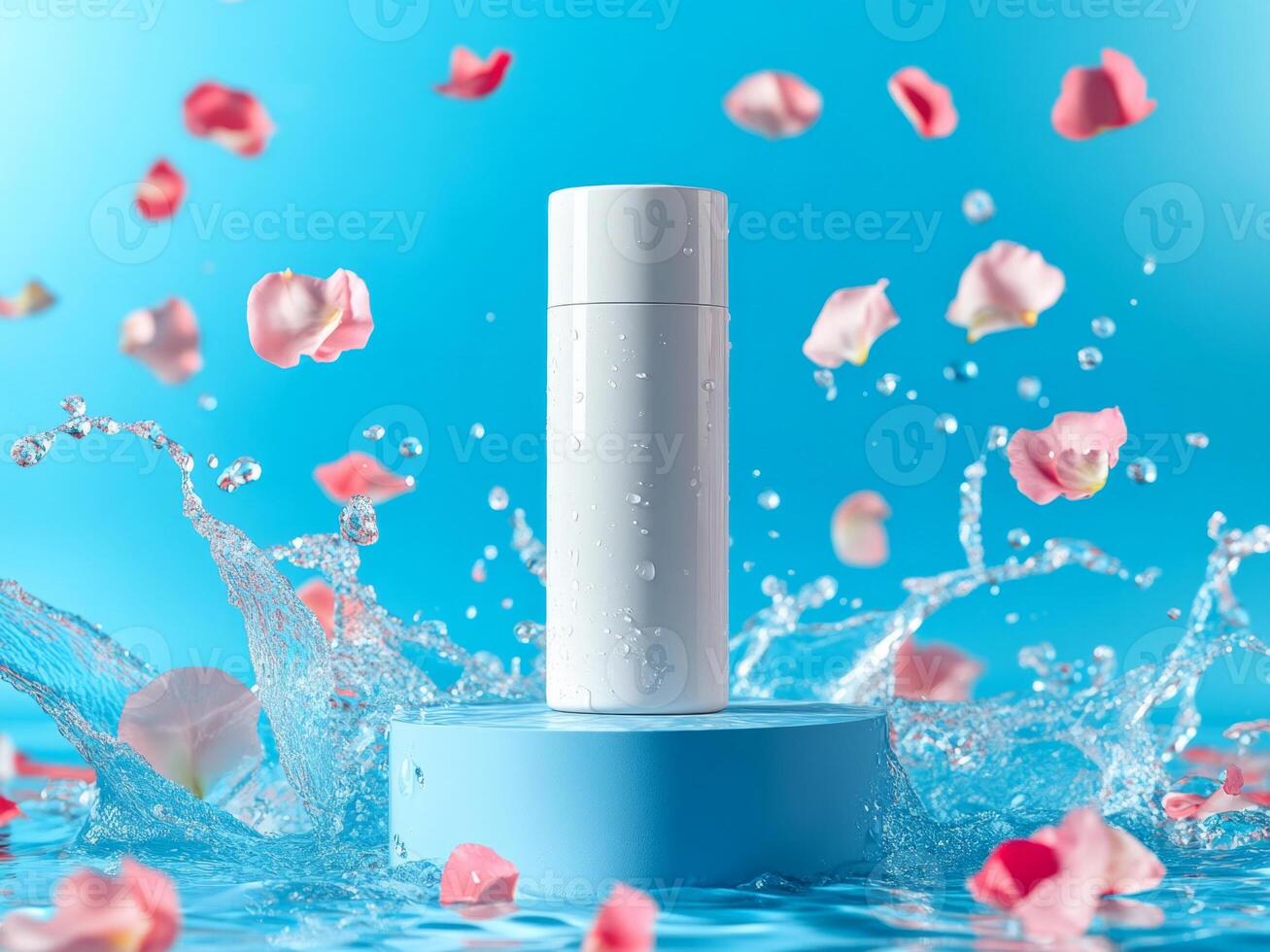 A white skin toner bottle on a bright blue background standing on the podium. Splashes of water and flower petals spreading around. Minimalistic photo style