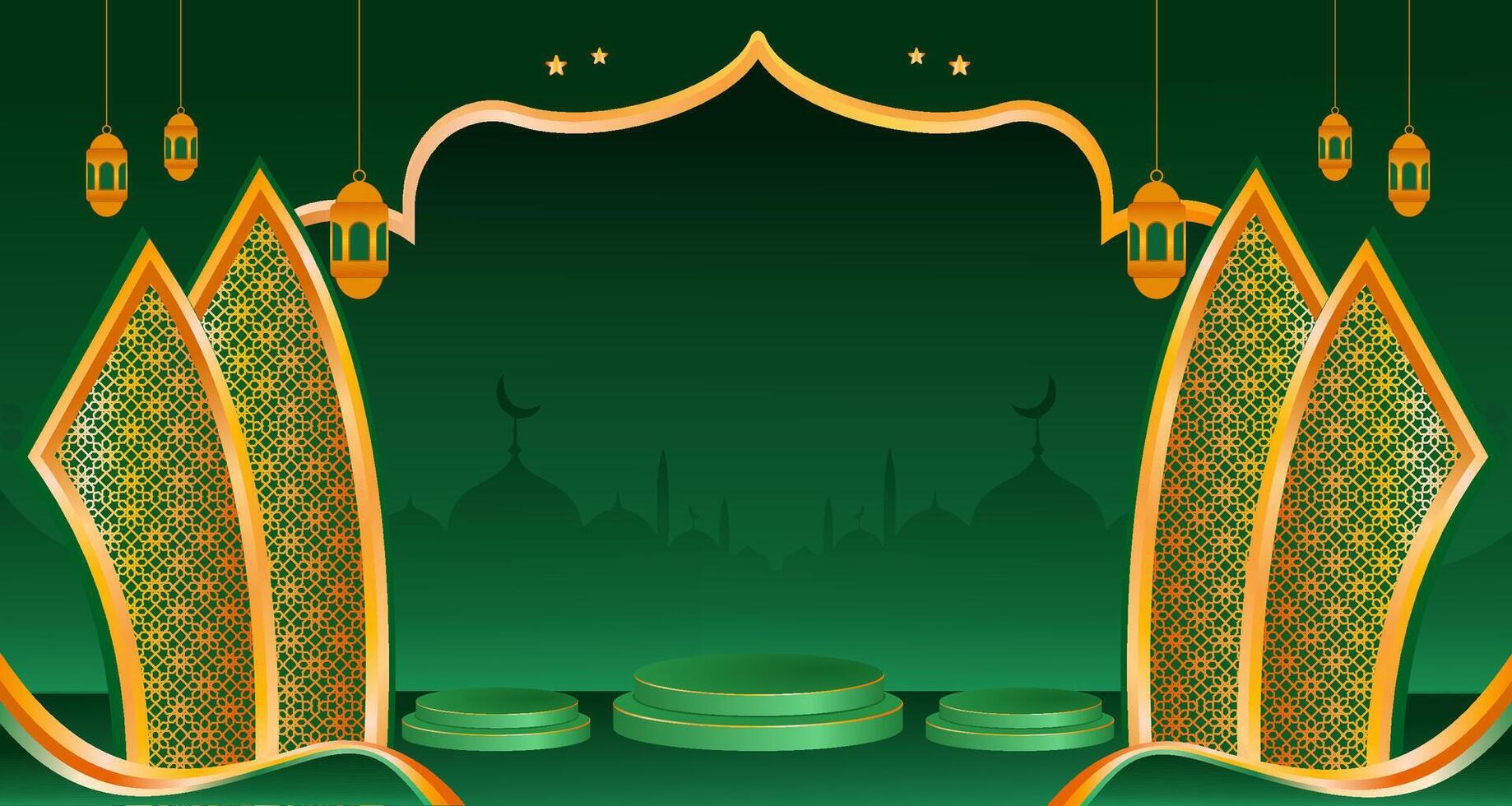 Realistic ramadan kareem islamic podium with beautiful lanterns vector