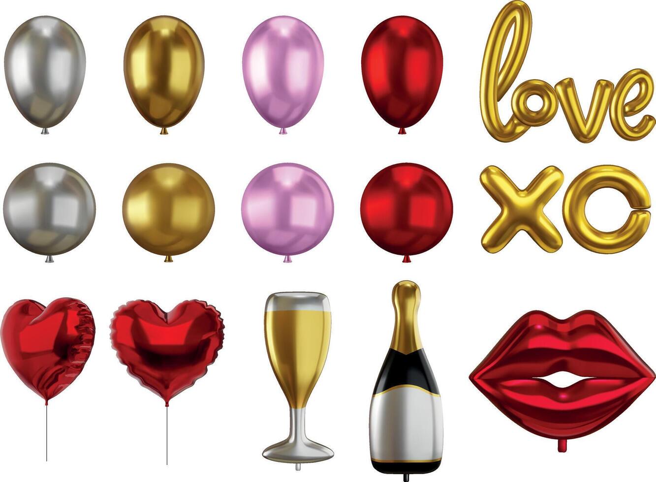 set of valentine's day party balloons. collection of isolated helium balloons. vector