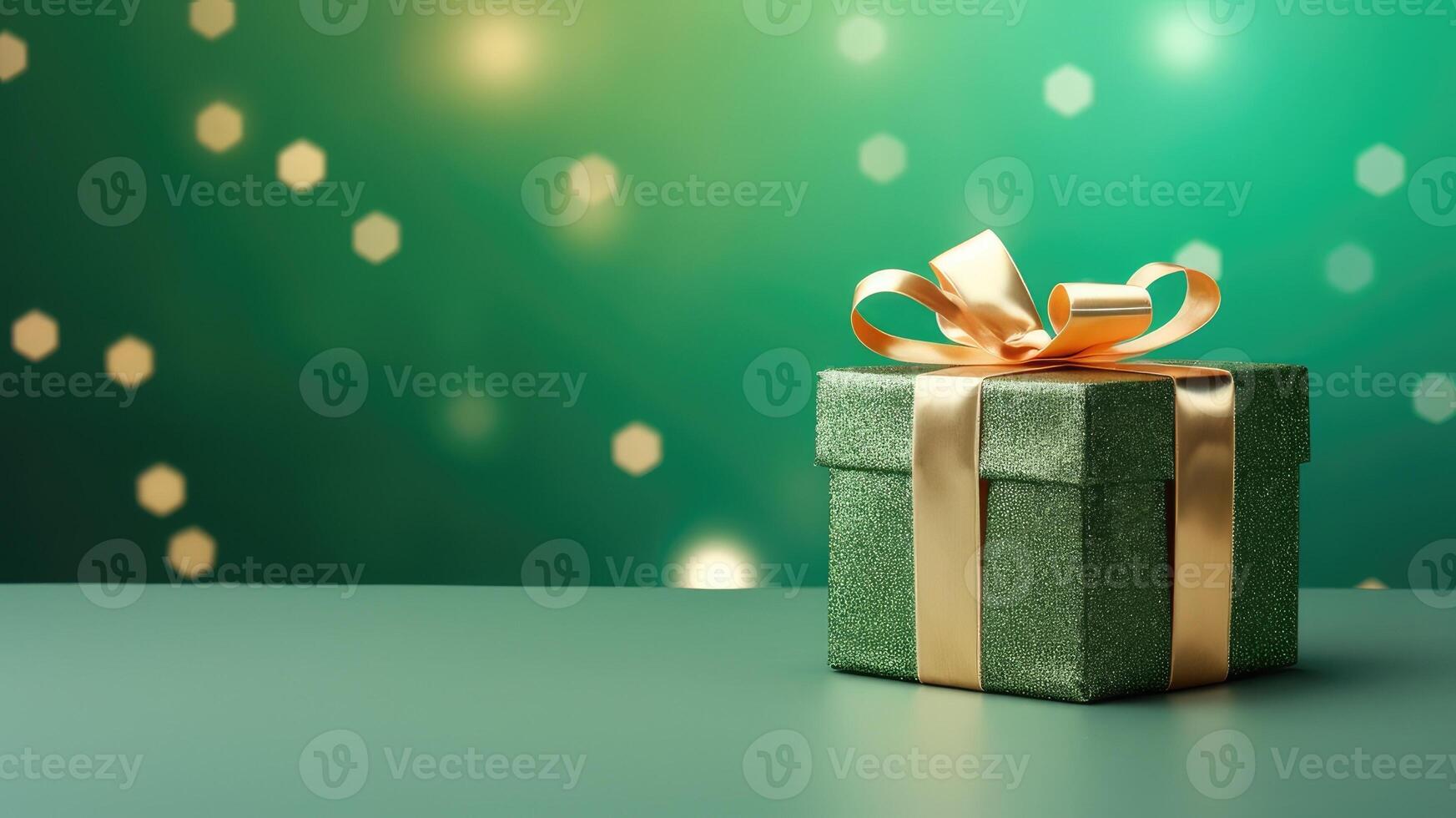 green gift box with gold bow on Green glitter background and empty space photo