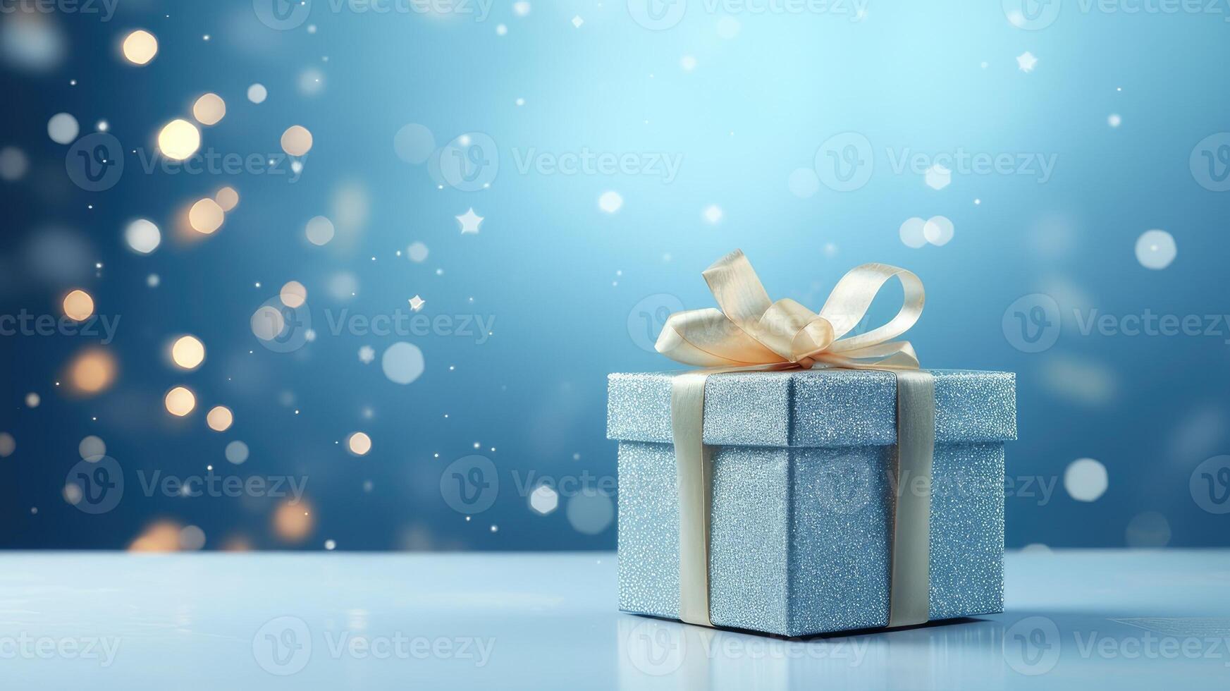 blue gift box with gold bow on blue background and empty space photo