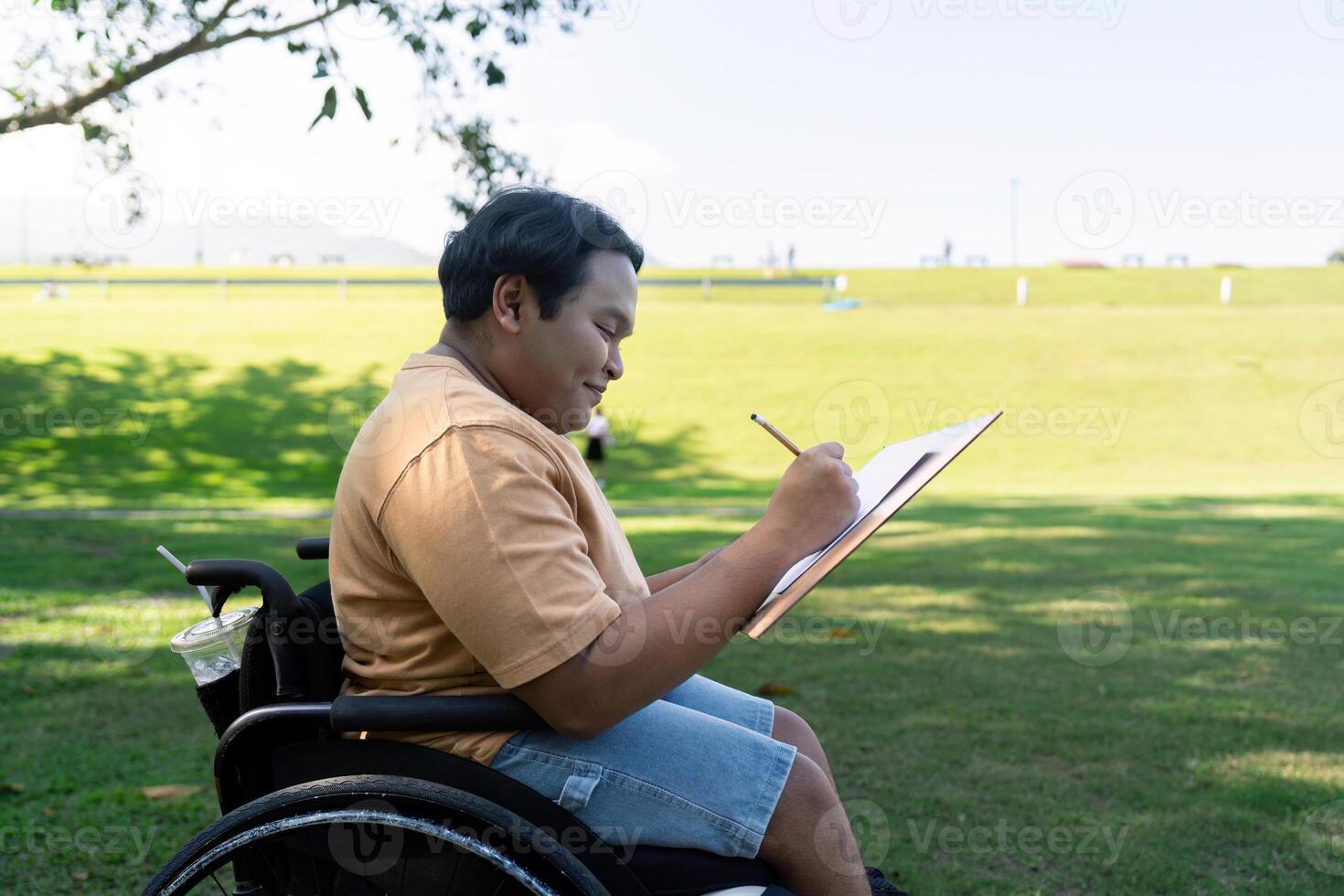 Asian man in wheelchair drawing in serene park setting photo