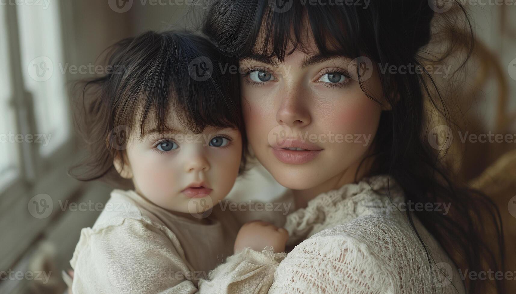 A woman holding a baby with blue eyes photo