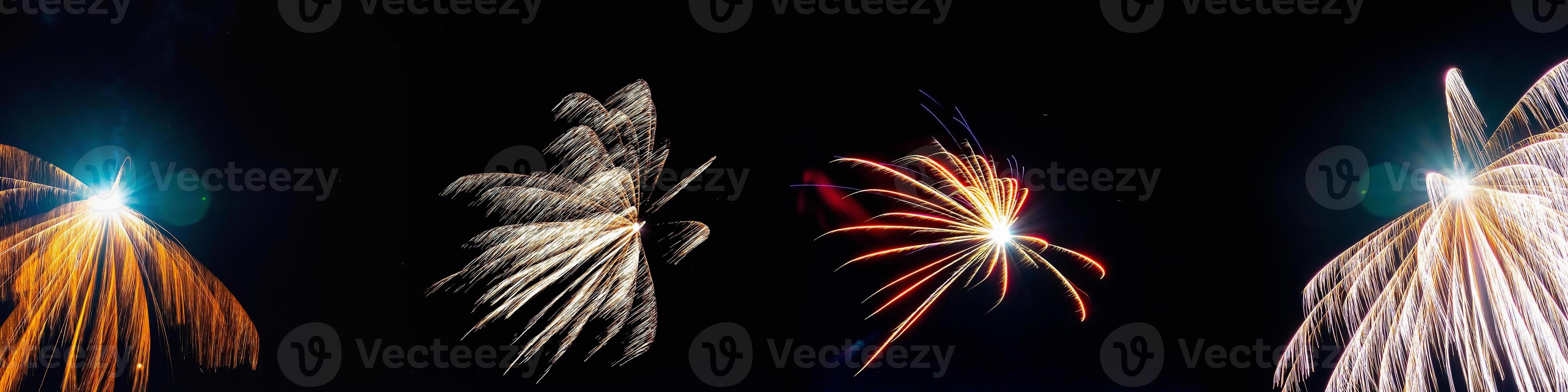 Collage of festive fireworks in the night sky. Several fireworks on a black background. photo