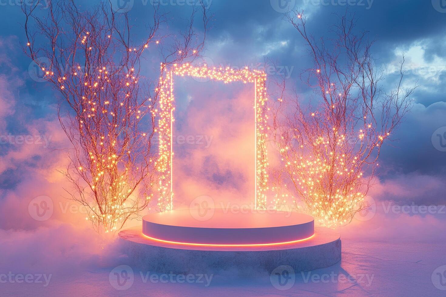 Wintery Scene with Illuminated Branches and a Circular Platform photo
