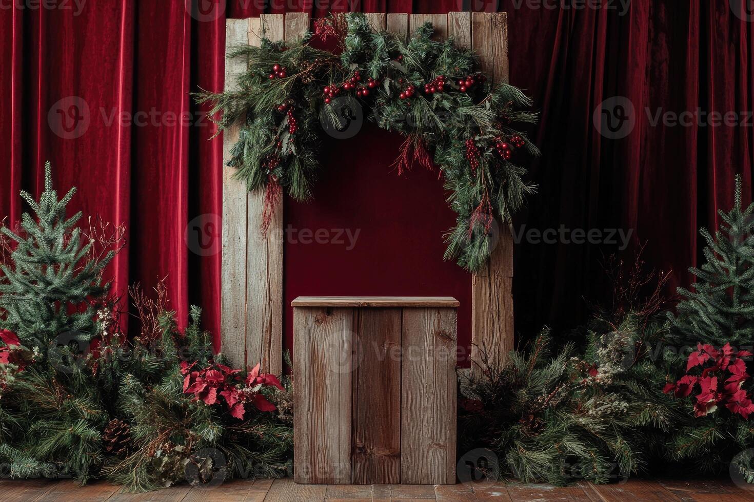 Wooden Display Shelf with Christmas Greenery and Red Velvet Background photo