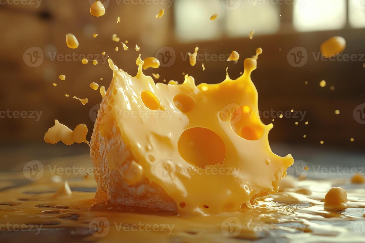 A Piece of Swiss Cheese Splashing into a Pool of Melted Cheese photo