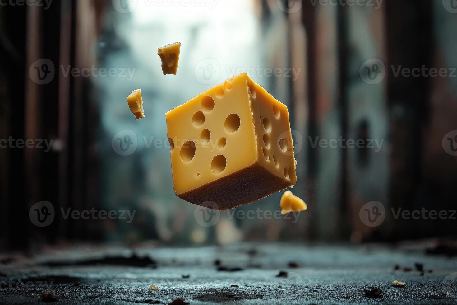 A block of Swiss cheese falling in an abandoned urban setting photo