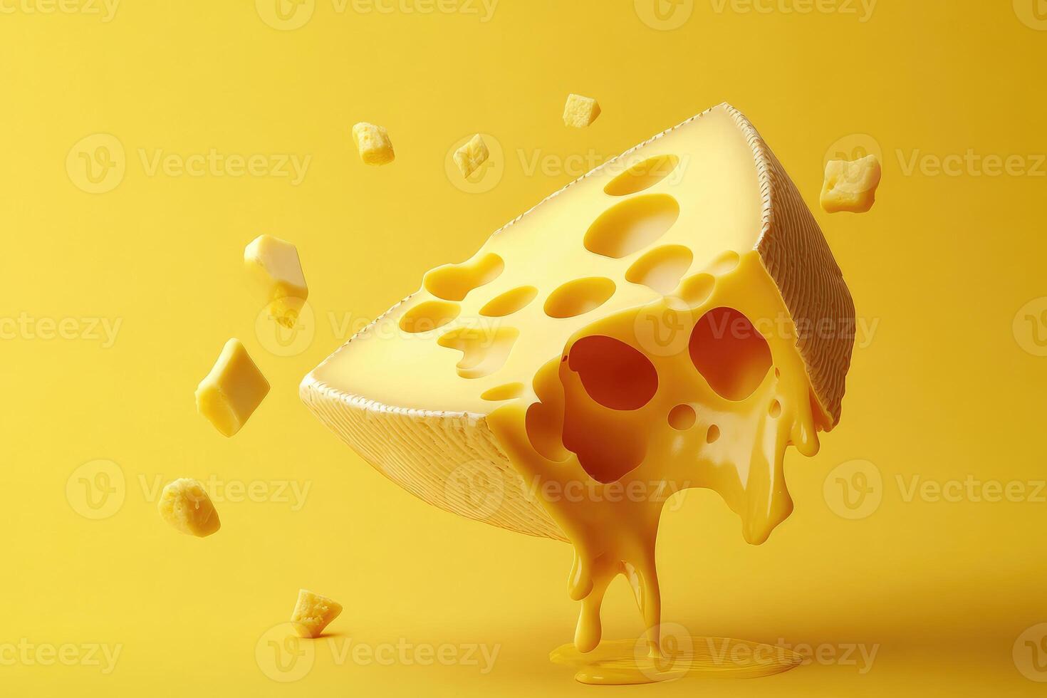 A wedge of Swiss cheese with holes and melting cheese dripping onto a yellow background. photo