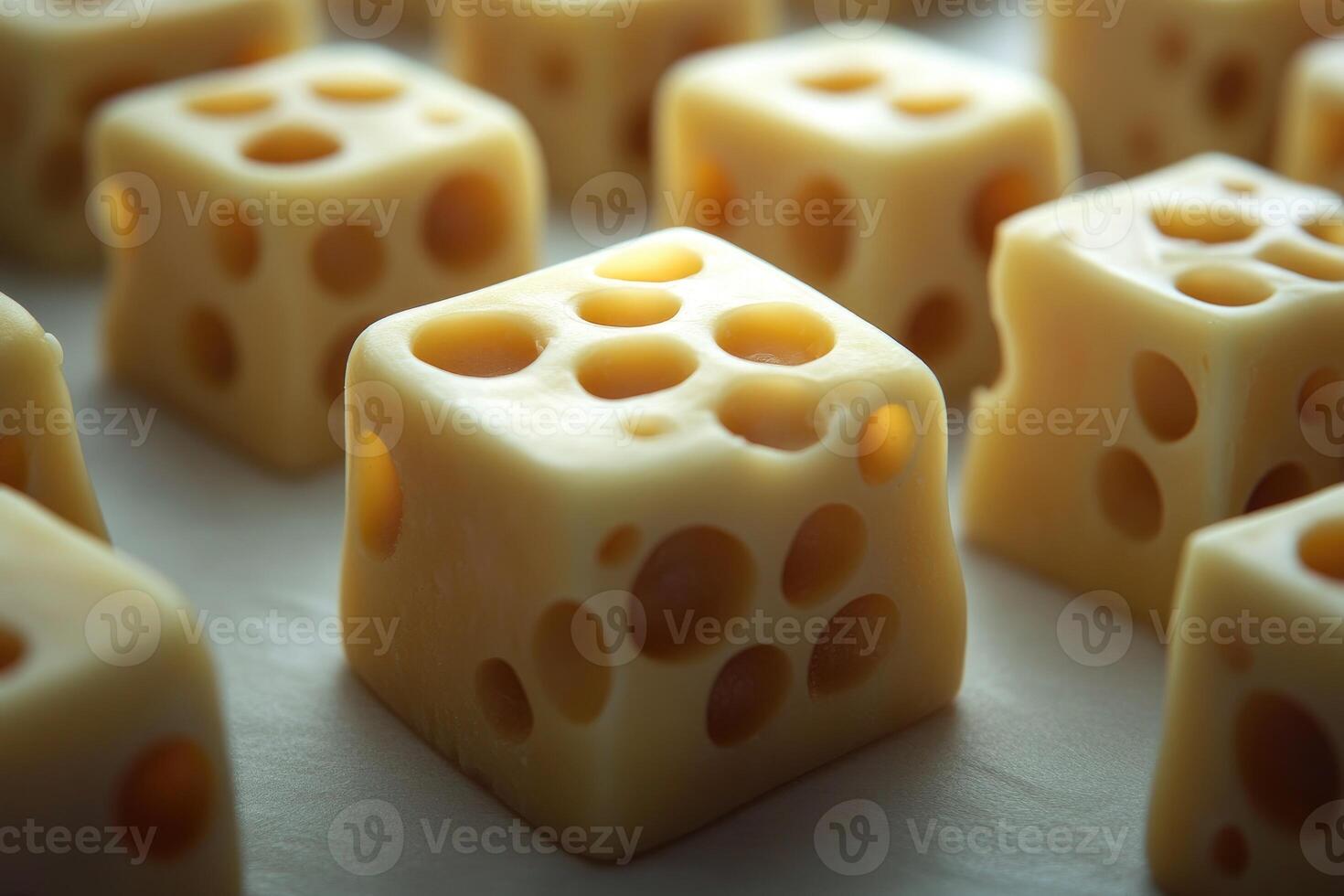 Close-up of a Single Cube of Swiss Cheese with Multiple Holes photo