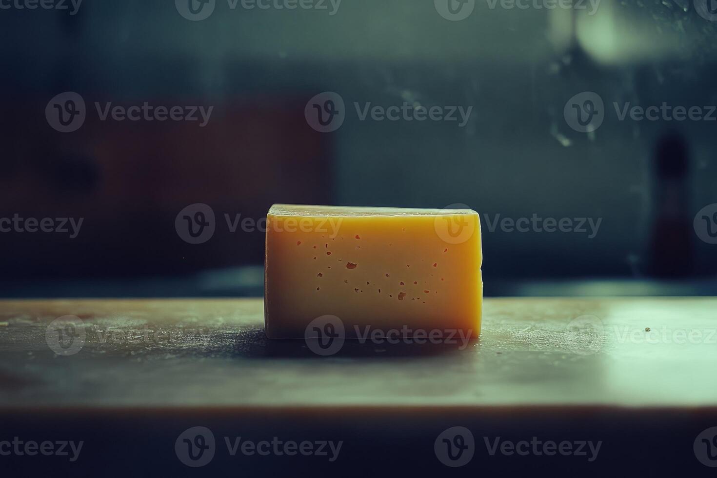 A Close-Up of a Block of Swiss Cheese on a Cutting Board photo