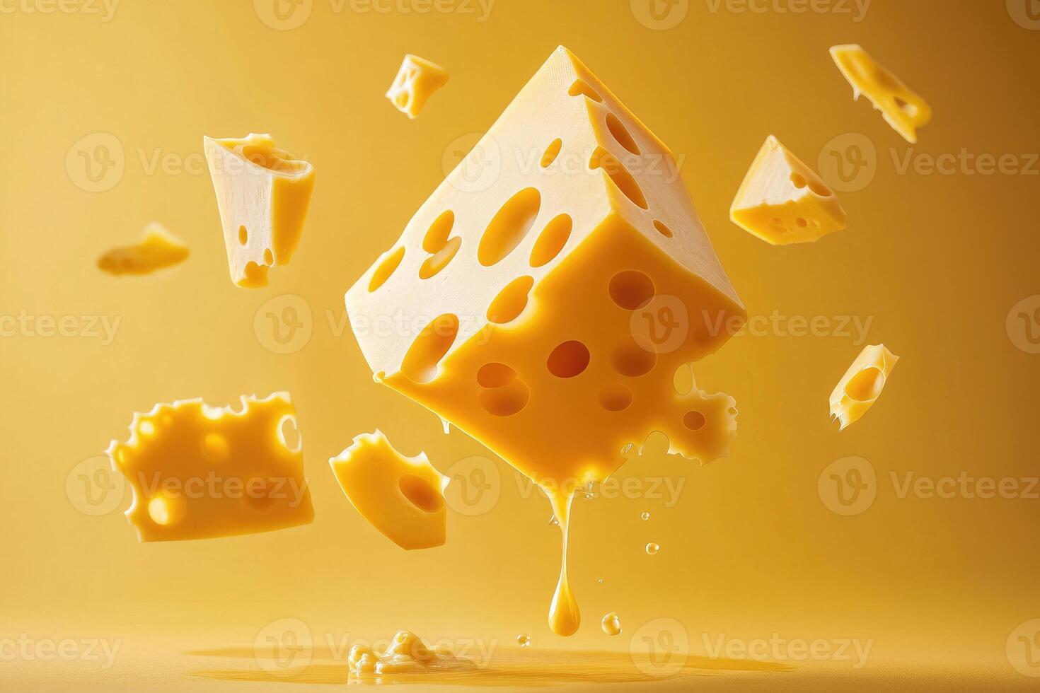 Swiss cheese falling into a pool of melted cheese on a yellow background. photo
