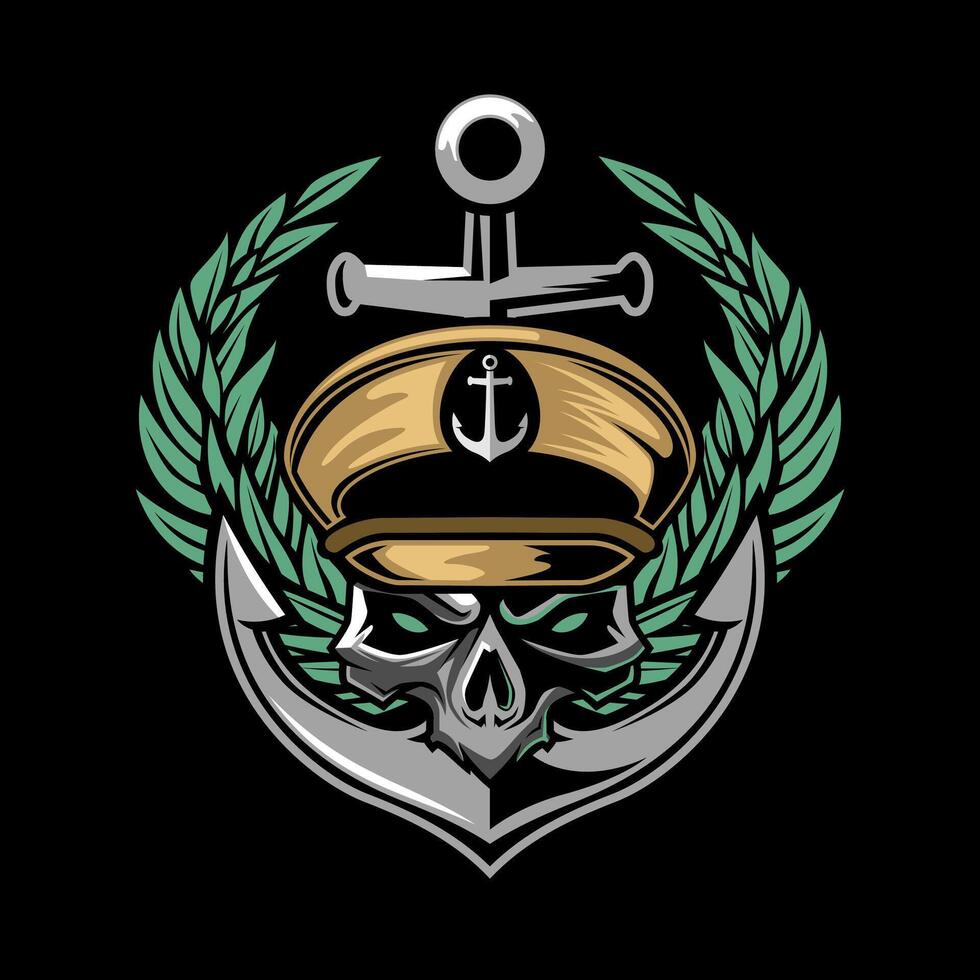 Military Skull Wearing captain cap illustration logo. Design element for logo, label, sign, emblem. vector