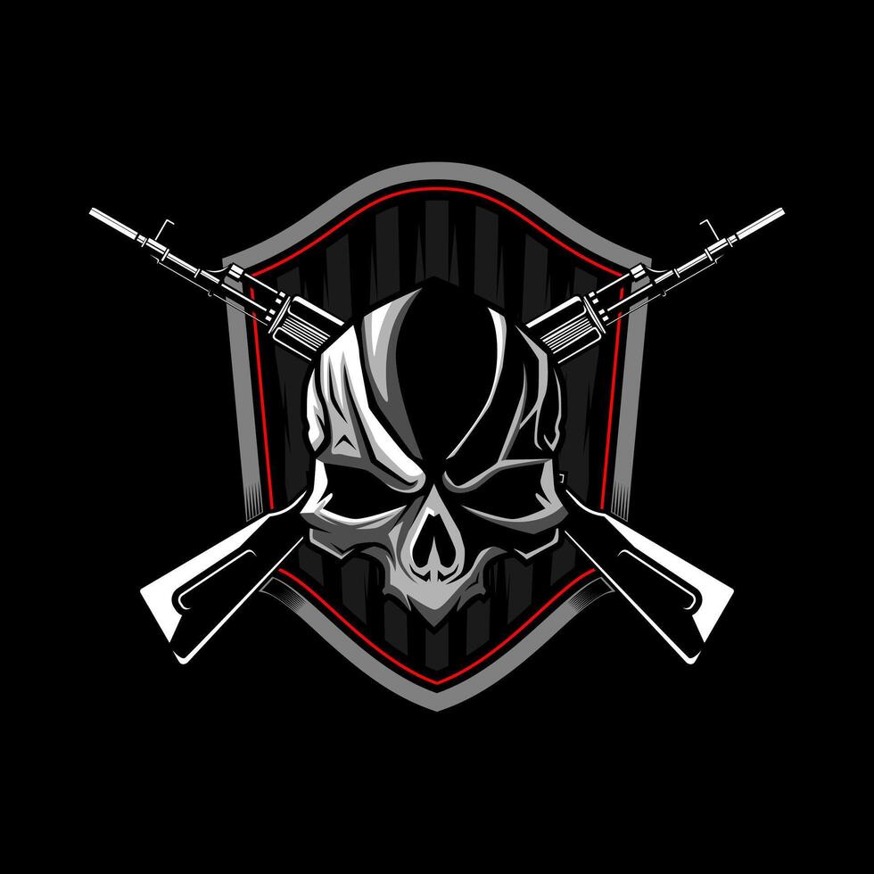 Skull Head with Crossed assault rifles Badge. Design element for logo, label, sign, emblem. illustration vector