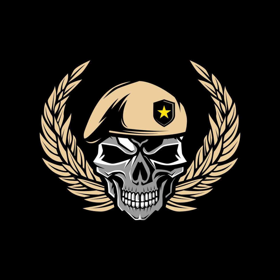 Military Skull wearing military beret illustration logo. Design element for logo, label, sign, emblem. illustration vector