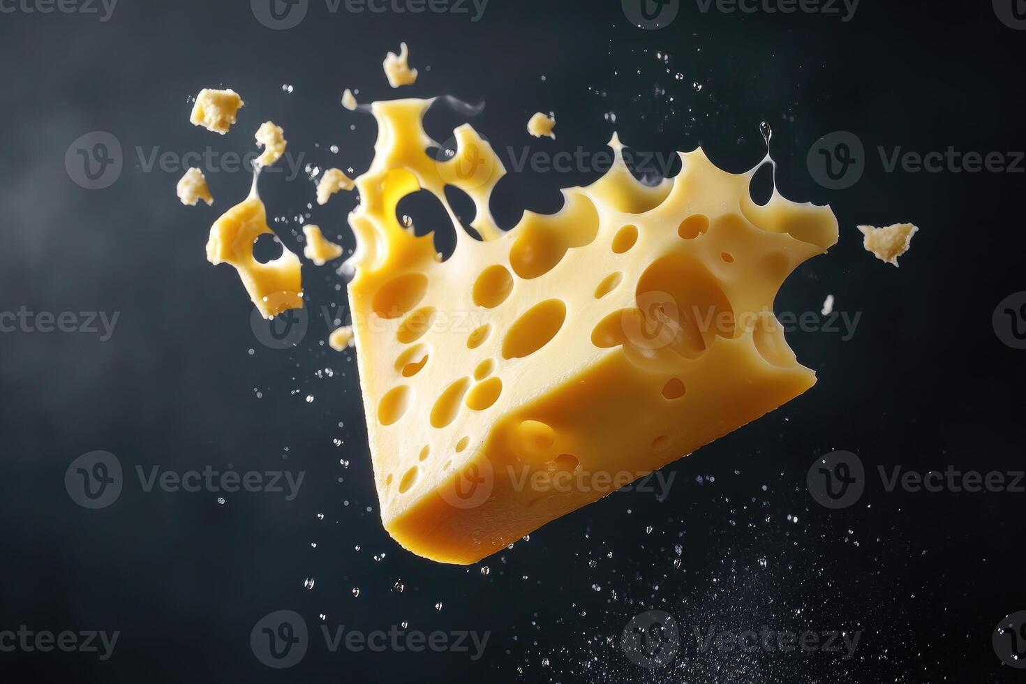 A Piece of Swiss Cheese Falling and Breaking Apart photo