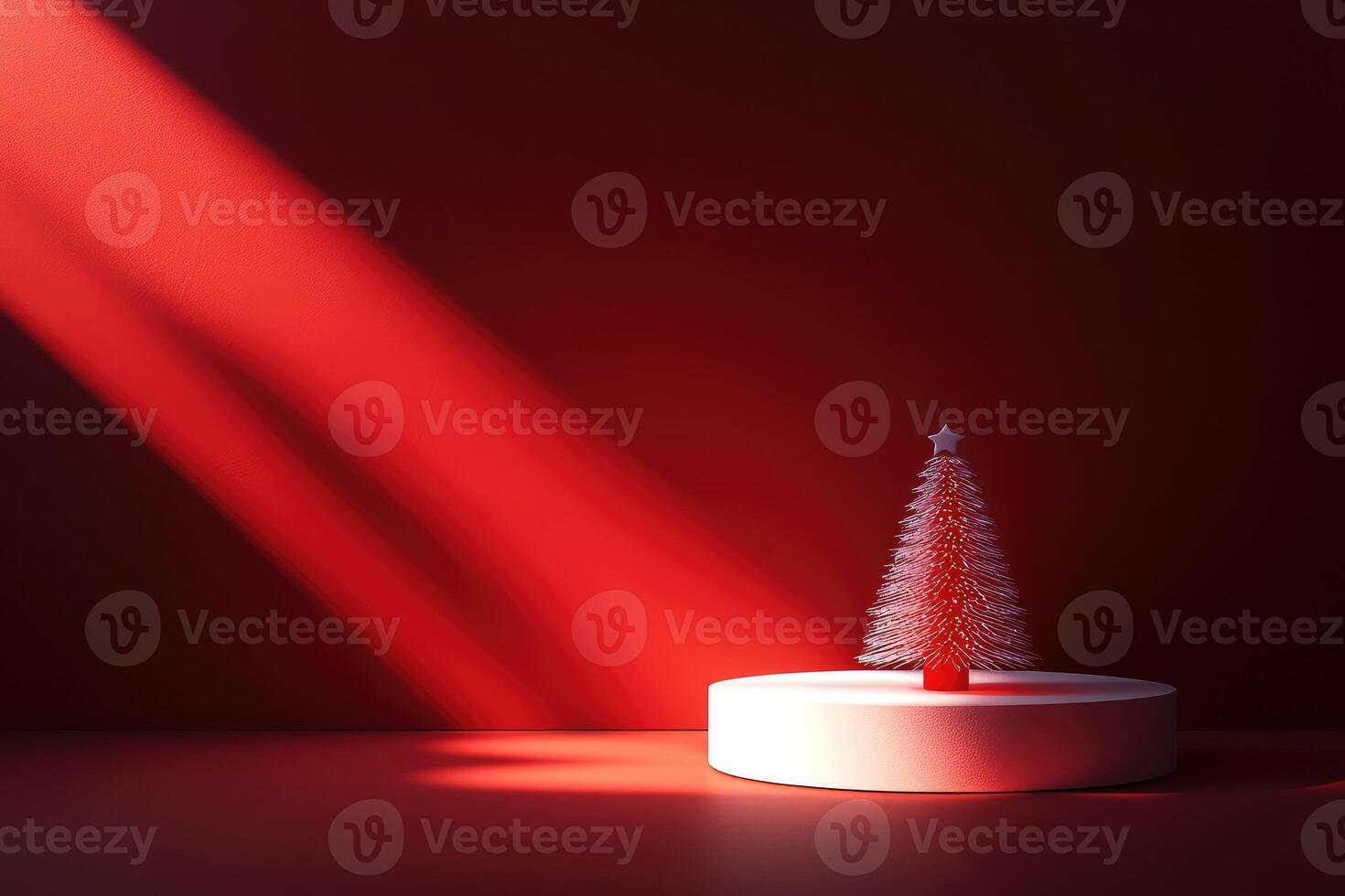 A Single Christmas Tree on a Red Background with a White Podium photo