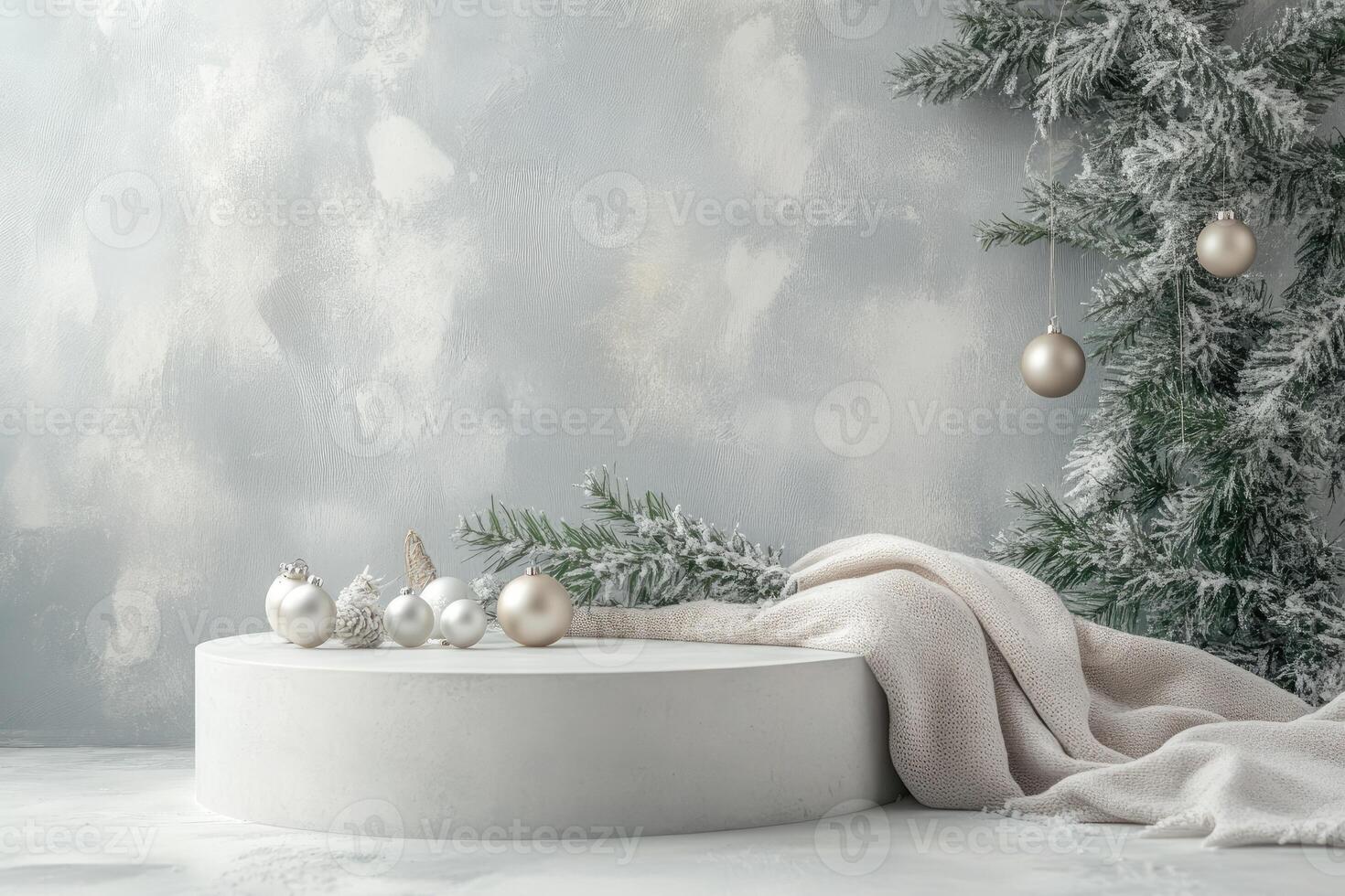 Winter-Themed Display with White Podium, Pine Branches, and Ornaments photo