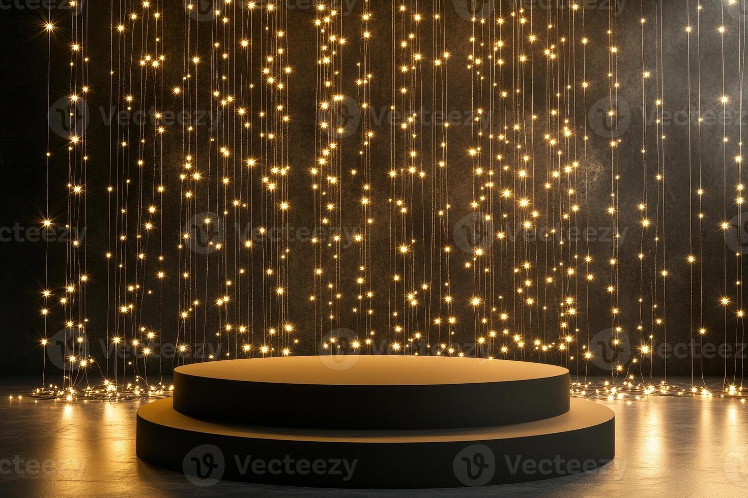 Black Platform with String Lights for Product Display photo