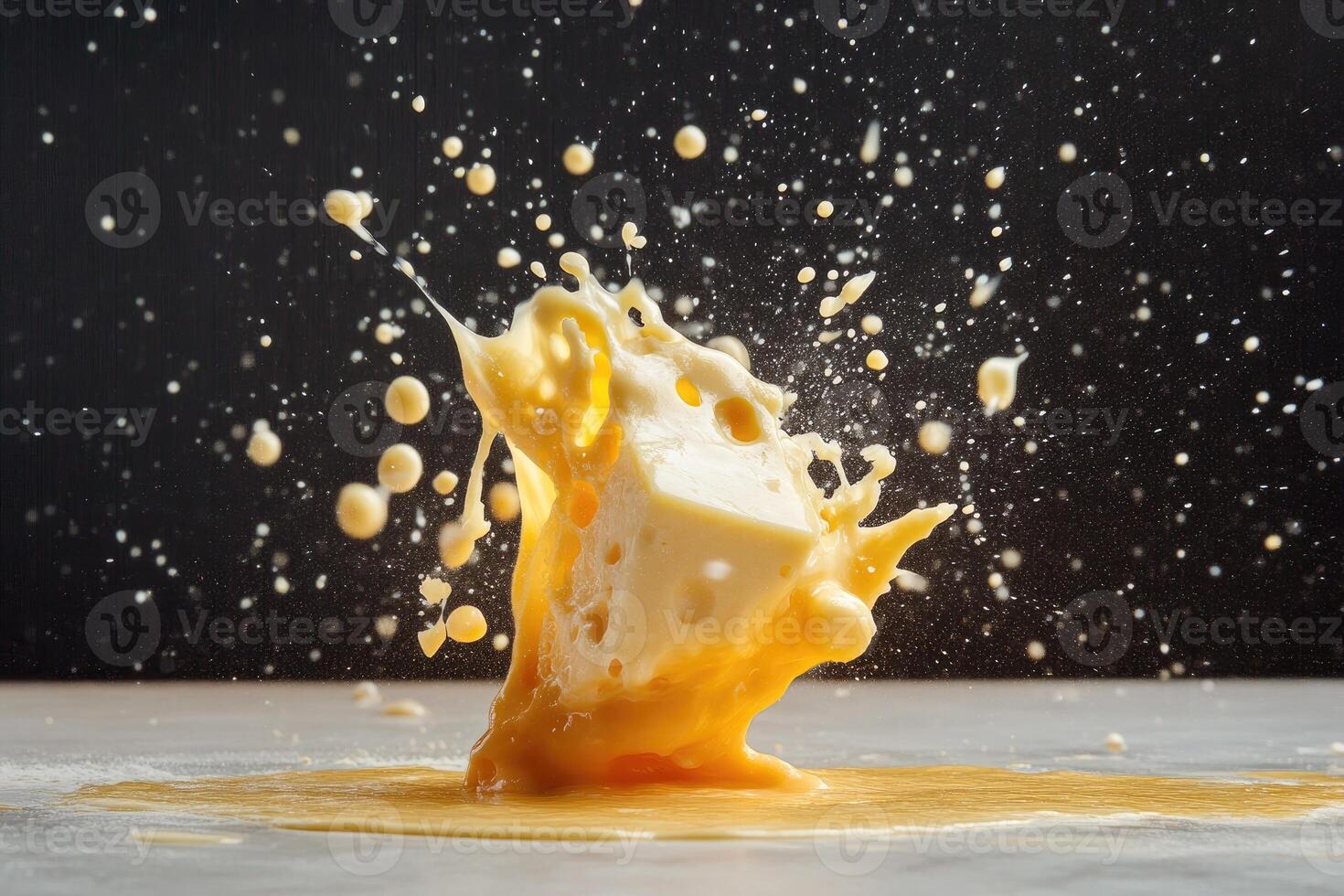 A Block of Cheese Impacts a Surface, Creating a Spatter of Cheese and a Yellow Pool photo