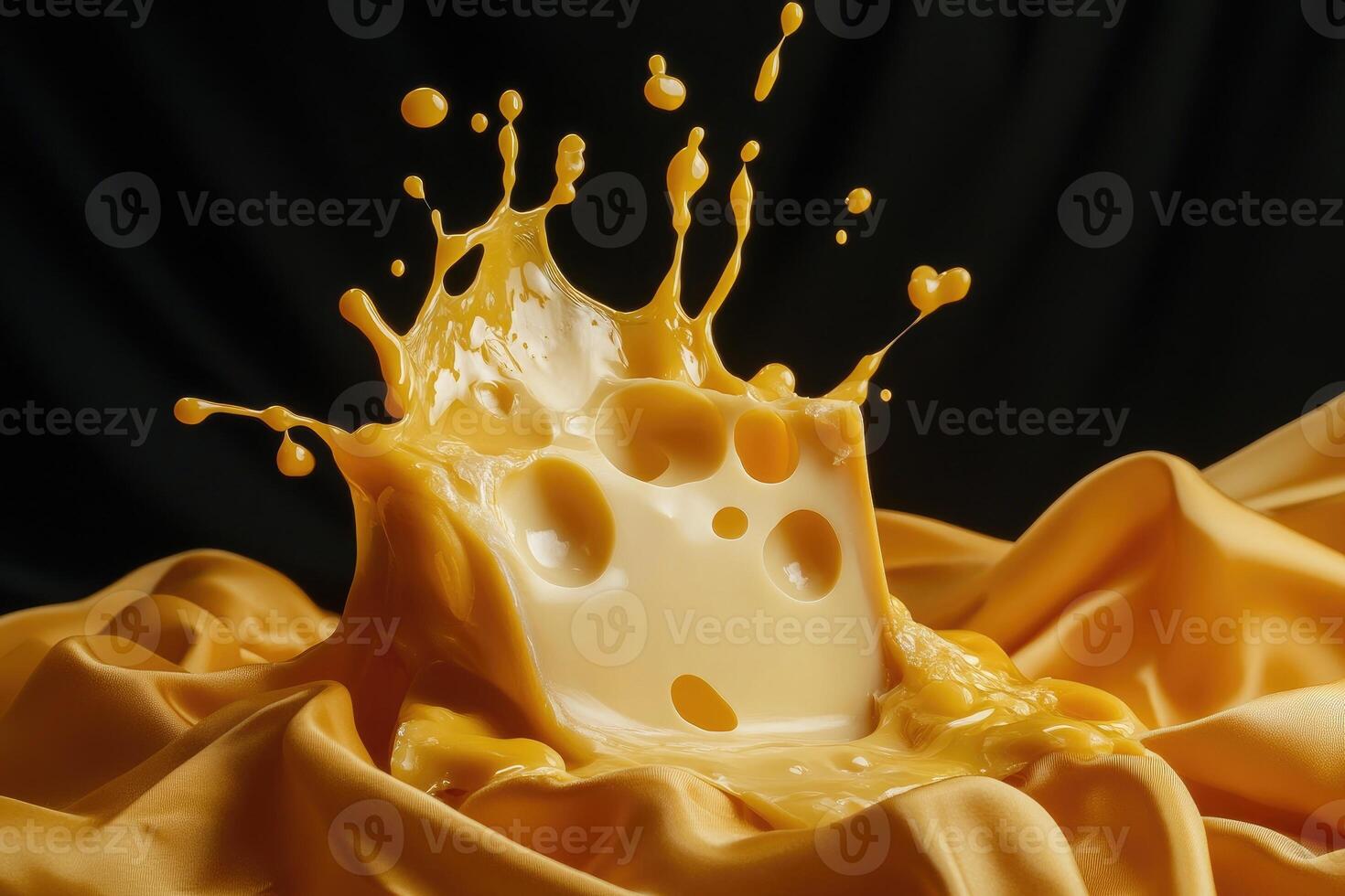 A Block of Swiss Cheese with Splashes of Melted Cheese on a Golden Fabric photo