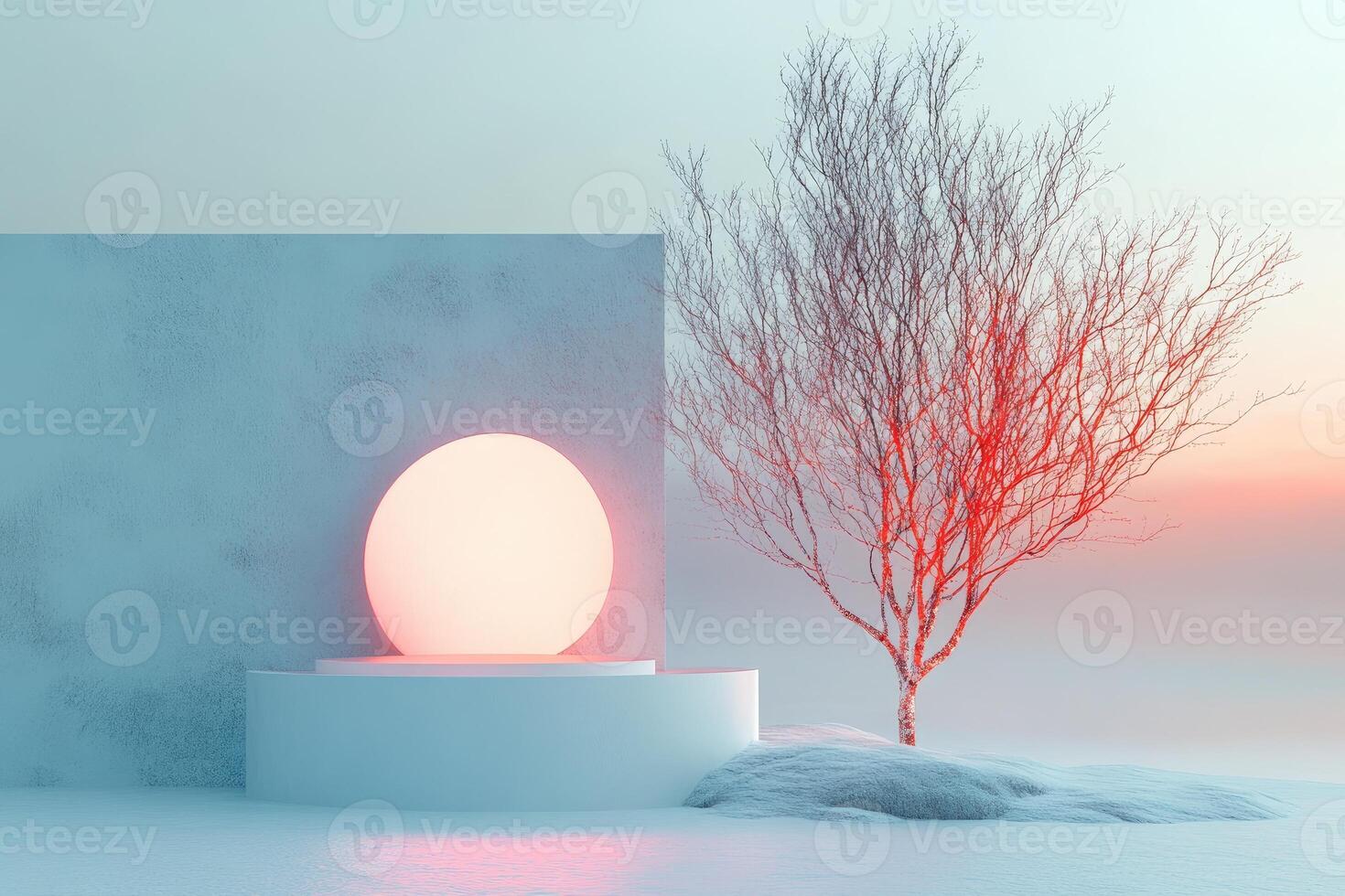 Minimalist Abstract Scene with a Circular Platform and a Bare Tree in a Snowy Landscape photo